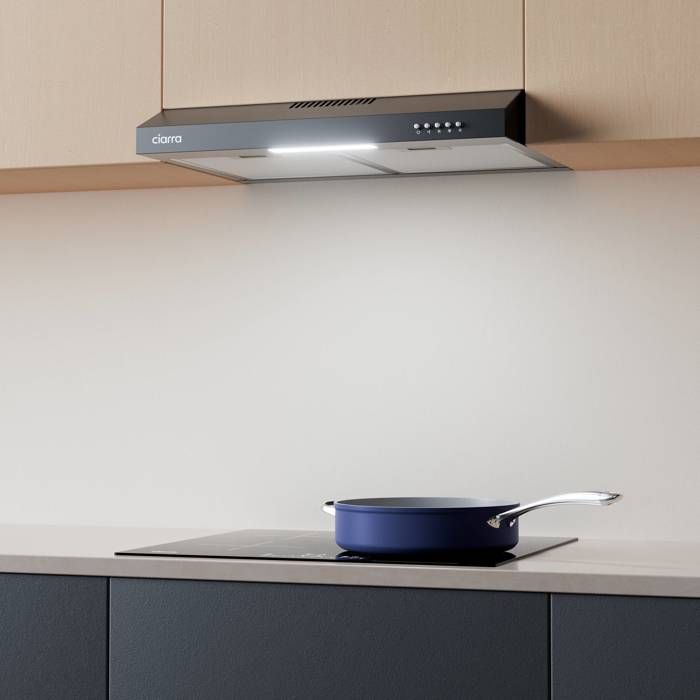 CIARRA Hotte visière 60cm Classe A+ avec Filtre à charbon 3 vitesses 220m³/h Recyclage & Evacuation - Hotte Encastrable - Noir – Image 2