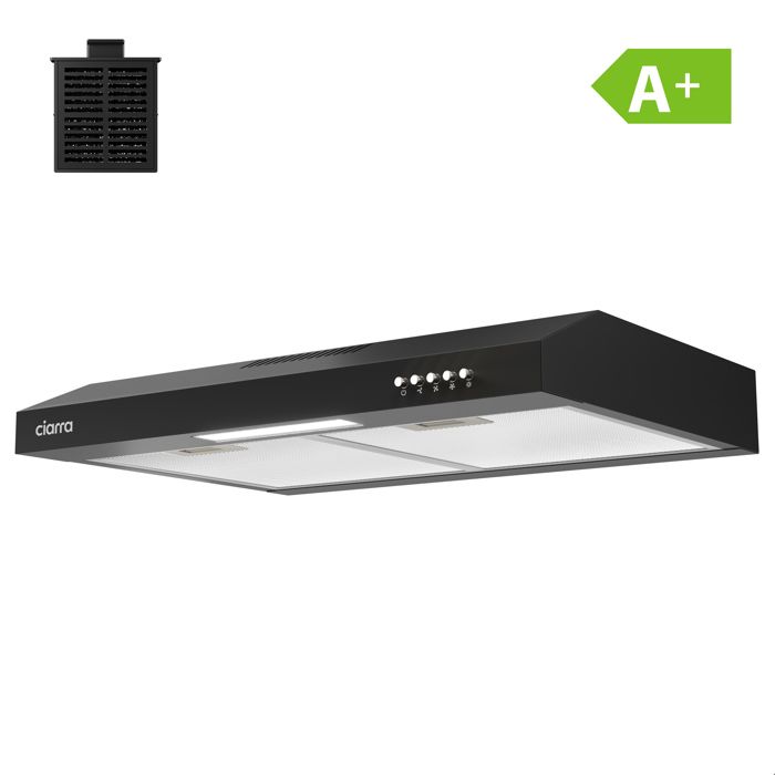 CIARRA Hotte visière 60cm Classe A+ avec Filtre à charbon 3 vitesses 220m³/h Recyclage & Evacuation - Hotte Encastrable - Noir