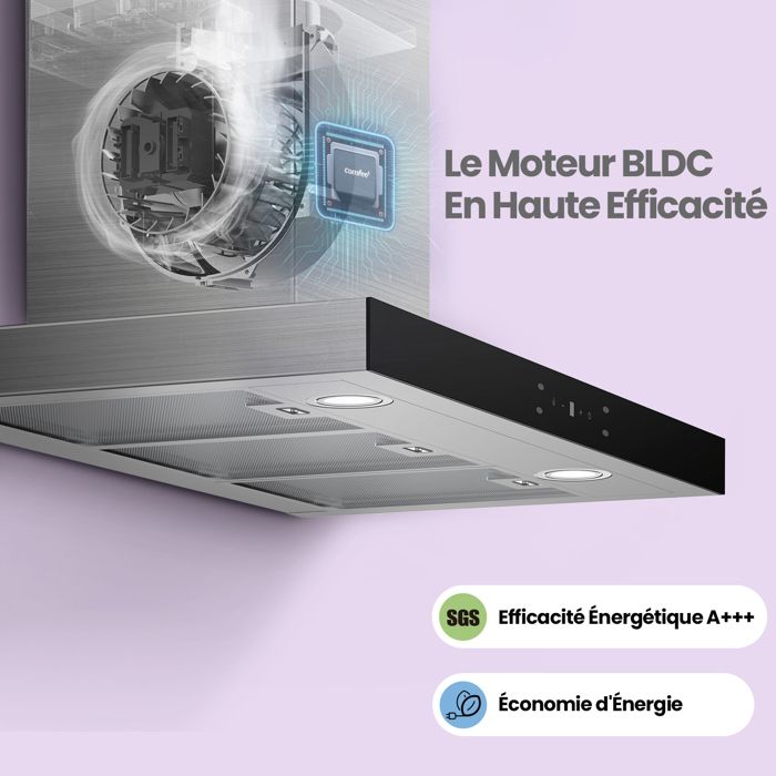 Hotte Aspirante Tactile 90cm Comfee - Classe A+++ - 650 m³/h - 4 Vitesse - Filtre à Charbon - LED Affichage - En Inox Noir – Image 3