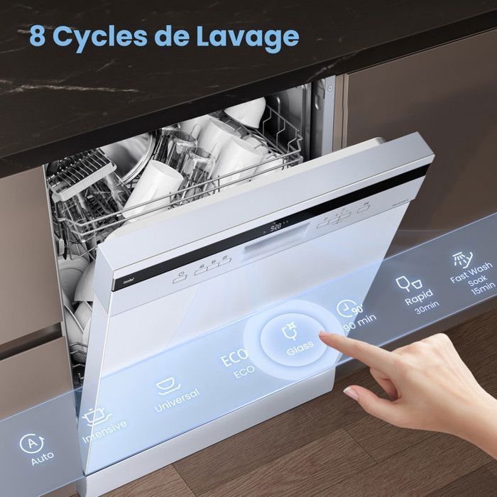 COMFEE Lave-Vaisselle Pose Libre 14 couverts, 8 Programmes de Lavage, 44 dB(A) Dpart Diffr, Demi-Charge, Blanc Energy Class C – Image 4