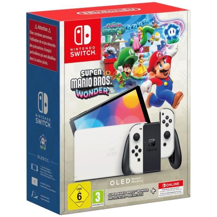Console Nintendo Switch - Modèle OLED • Blanc + Super Mario Bros. Wonder (Pré-installé) + 12 mois d'abonnement NSO (Code)
