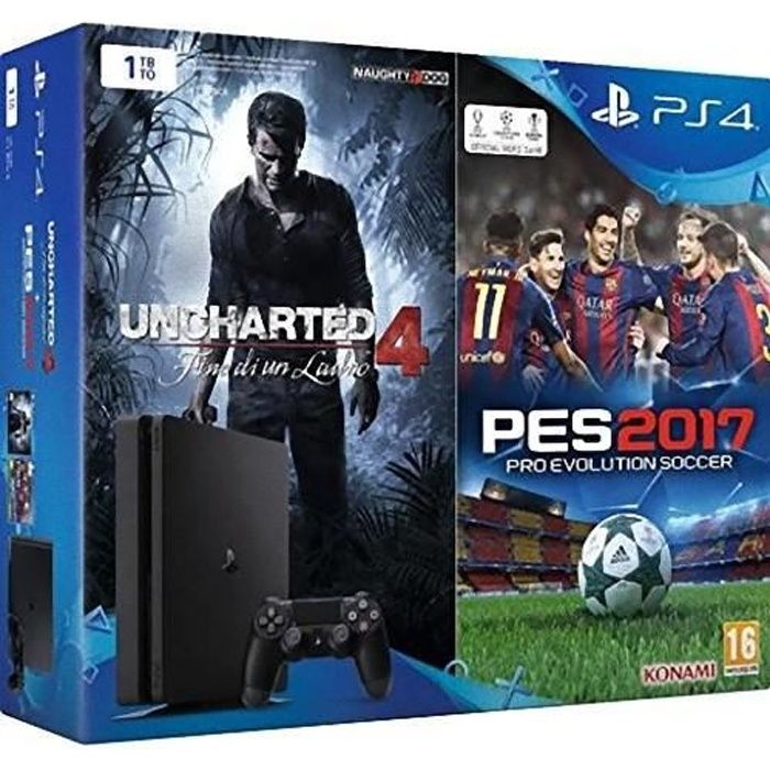 Console de salon - Sony - PS4 1TB Chassis D - Noir - Uncharted 4 - Pro Evolution Soccer 2017