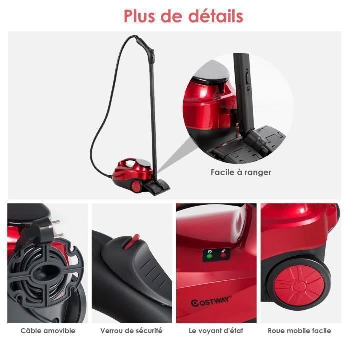 Nettoyeur Vapeur Polyvalent 2000W COSTWAY Punaises de Lit-Réservoir 1,5L,19 Accessoires 4,0 Bar-Voyant LED-108℃-Acariens Rouge – Image 3