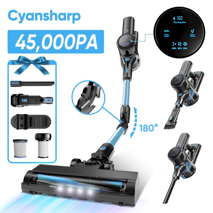 CYANSHARP V8 Aspirateur Balai Sans Fil, Aspirateur Sans Sac 130AW, 3 Vitesses, écran, 100kRPM BLDC Moteur EU, 7*Batterie , CE Rohs