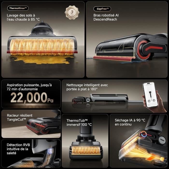 DREAME H15 Pro Heat Aspirateur Laveur - Nettoyage des sols à 85 °C - Bras robotisé IA GapFree - Capteur RVB intelligent - 22 kPa – Image 8