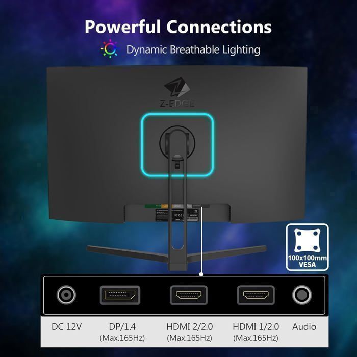 Ecran Pc Gamer Z-Edge UG27F Incurvé 27'' 165 Hz, 1ms, FreeSync, FHD(1920x1080), 16:9, 1500R VA,2* HDMI2.0 & DP1.4 – Image 5