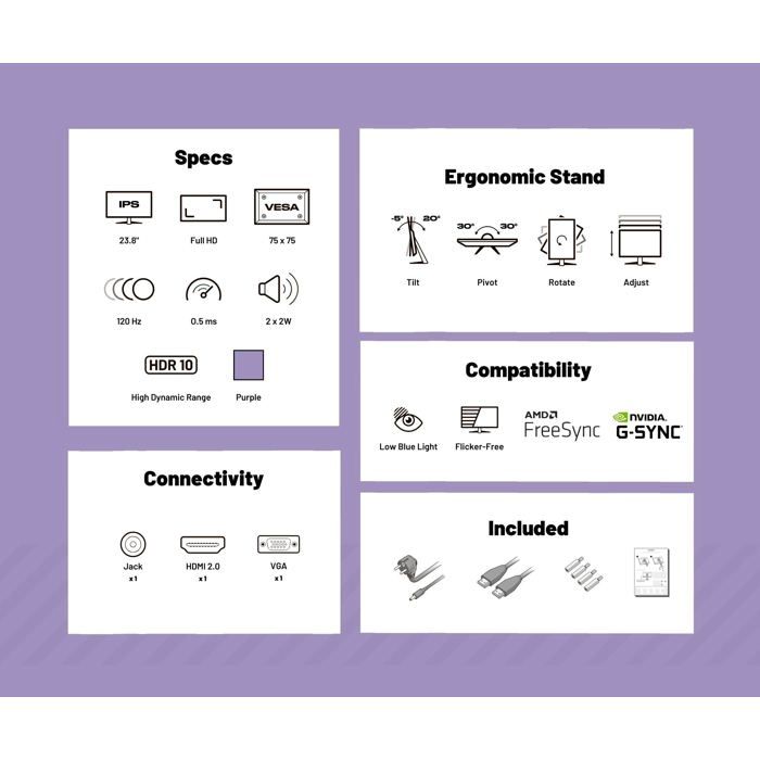 Ecran PC Gamer - JAPANNEXT - 23.8" - IPS - Full HD (1920x1080) - 120Hz - 0.5ms - Violet Pastel - JN-IPS238G120F-HSP-PP – Image 4