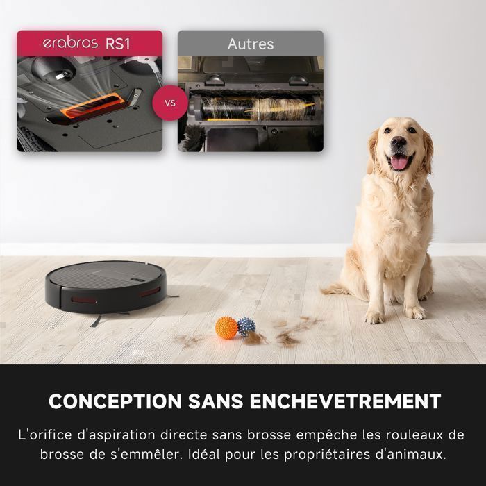 Aspirateur Robot Poils d'Animaux Erabros RS1-Autonomie 140 Minutes-3000Pa-600ml Bac à Poussière -Ultra-Mince Silencieux – Image 2