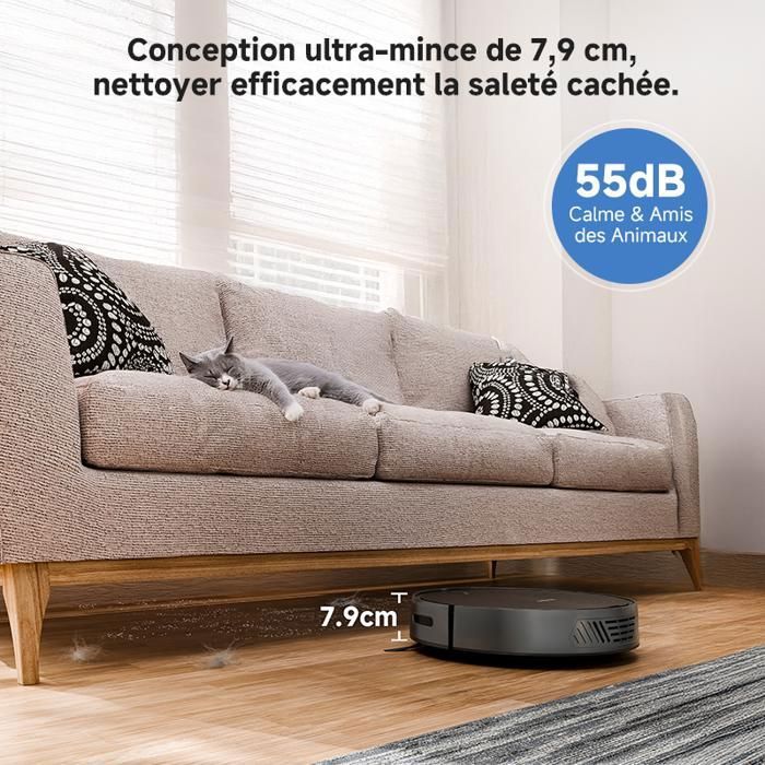 Aspirateur Robot Poils d'Animaux Erabros RS1-Autonomie 140 Minutes-3000Pa-600ml Bac à Poussière -Ultra-Mince Silencieux – Image 4