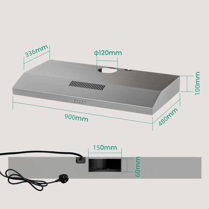 FIREGAS Hotte Aspirante 90cm-sous comptoir-recirculation et évacuation-CC130 Filtre à charbon -3 vitesses-Inox-Classe énergétique A – Image 2