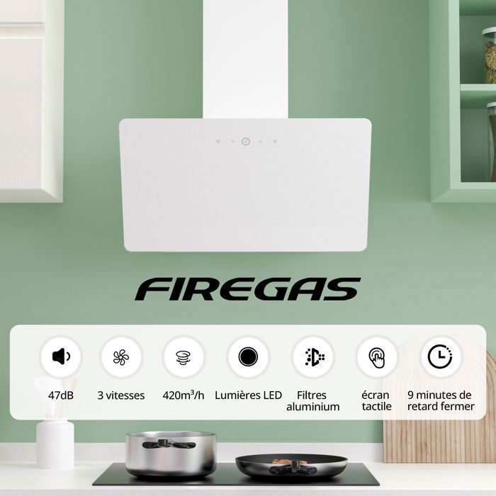 FIREGAS Hotte aspirante 60 cm-recirculation et évacuation-420 m³/h-3 Vitesses-CC130 Filtre à charbon-Blanc-écran tactile-A++ – Image 3