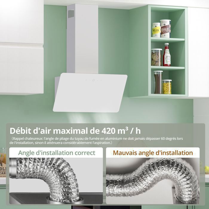 FIREGAS Hotte aspirante 60 cm-recirculation et évacuation-420 m³/h-3 Vitesses-CC130 Filtre à charbon-Blanc-écran tactile-A++ – Image 4