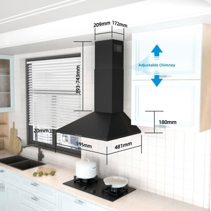 FIREGAS Hotte Aspirante Murale 60cm, 308 m³/h, Avec LED, 3 vitesses, Filtres à Charbon, Noir – Image 2