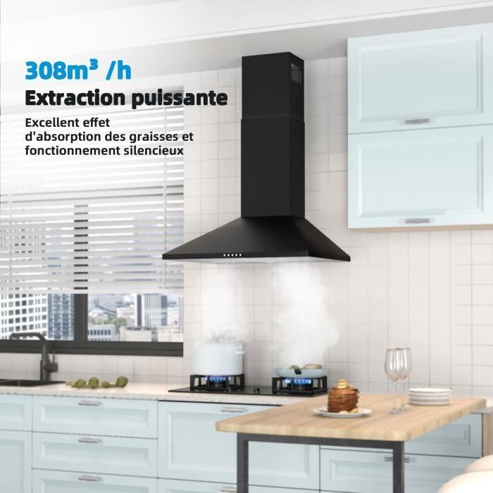 FIREGAS Hotte Aspirante Murale 60cm, 308 m³/h, Avec LED, 3 vitesses, Filtres à Charbon, Noir – Image 3