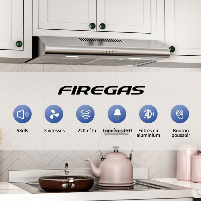 FIREGAS Montage sous armoire hotte d'aspiration murale 60cm pour évacuation et recyclage, à économie d'énergie BLDC,Classe – Image 2