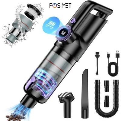 FOSMET Aspirateur à Main Sans Fil, 20000Pa Brushless Aspirateur Voiture avec Affichage LED, pour Voiture-Maison-Bureau-Animal