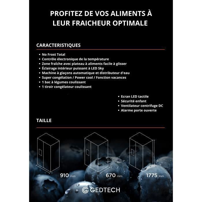 GEDTECH Réfrigérateur Américain GSBSA513IX Side by Side 513L - Distributeur d'eau et machine à glaçons automatique - Inox – Image 4