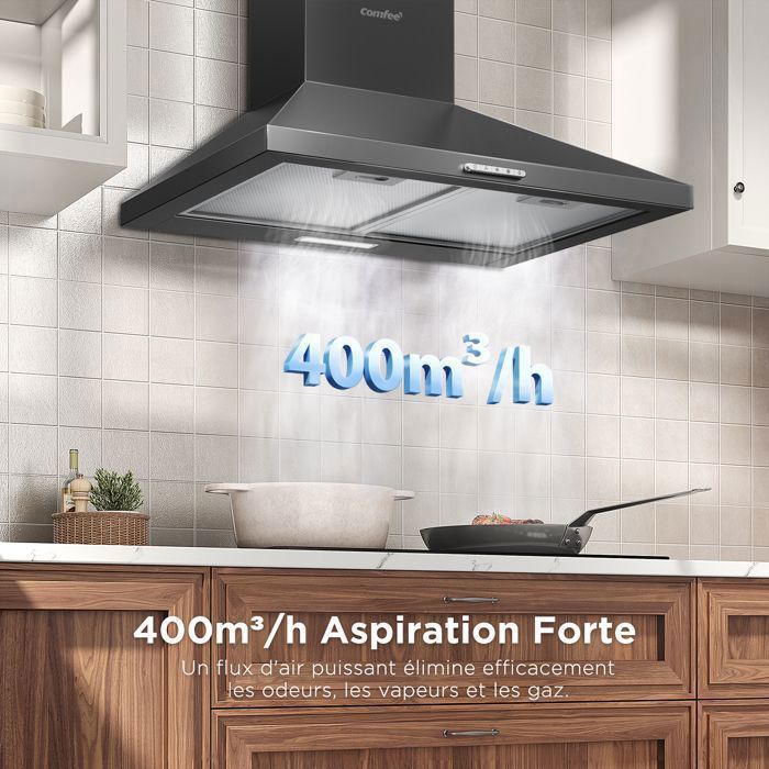 Hotte Aspirante 60cm Comfee - 400 m³/h - Classe A++ - 2 Filtres à Charbon - 3 Vitesses - Recyclage & Évacuation - LED lampe - Noir – Image 2