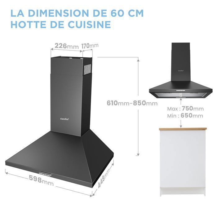 Hotte Aspirante 60cm Comfee - 400 m³/h - Classe A++ - 2 Filtres à Charbon - 3 Vitesses - Recyclage & Évacuation - LED lampe - Noir – Image 6