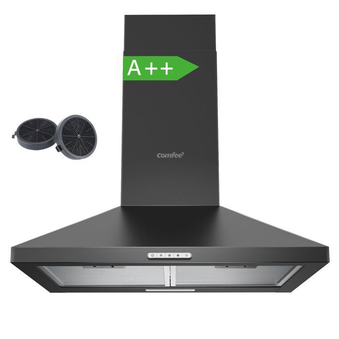 Hotte Aspirante 60cm Comfee - 400 m³/h - Classe A++ - 2 Filtres à Charbon - 3 Vitesses - Recyclage & Évacuation - LED lampe - Noir