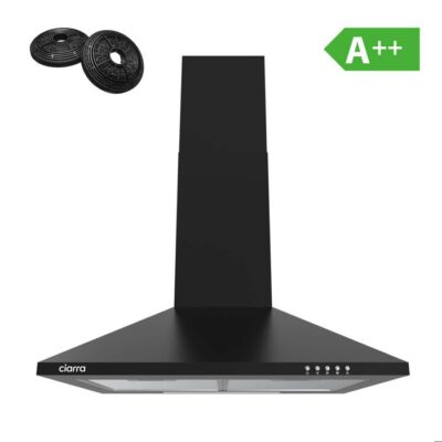 Hotte Aspirante 60cm Noir 3 Vitesses 350 m3/h Classe A++  Filtre Actif inclus Recyclage ou Evacuation