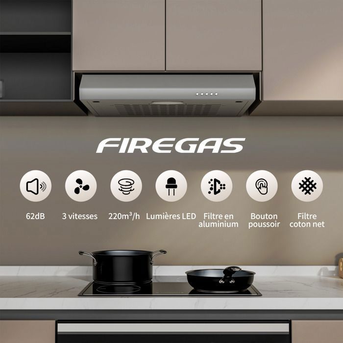 Hotte Aspirante Casquette Visière 60cm FIREGAS -3 Vitesses - Évacuation et Recyclage - Classe B - Filtre en Coton - Grise – Image 3