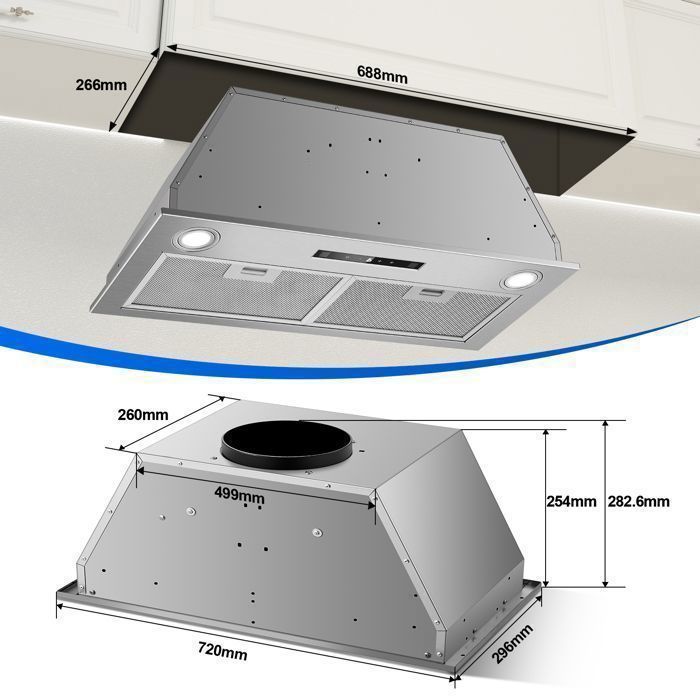 Hotte Aspirante-72cm Encastrable hotte-400 m³/h-3 Vitesses & Fonction Booster A++,avec filtre à charbon - Gestuelle - Tactile – Image 2