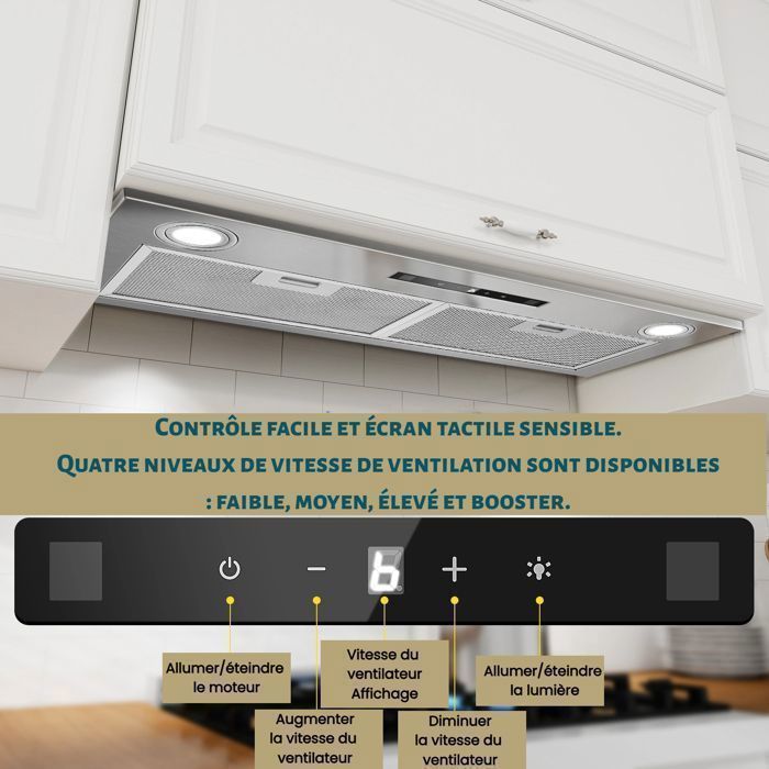 Hotte Aspirante-72cm Encastrable hotte-400 m³/h-3 Vitesses & Fonction Booster A++,avec filtre à charbon - Gestuelle - Tactile – Image 3