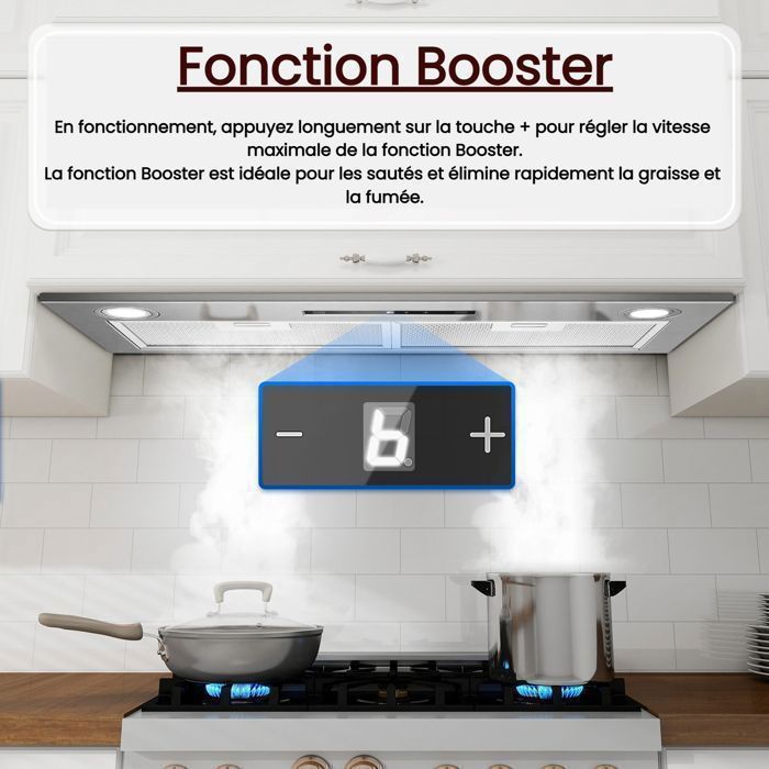 Hotte Aspirante-72cm Encastrable hotte-400 m³/h-3 Vitesses & Fonction Booster A++,avec filtre à charbon - Gestuelle - Tactile – Image 4
