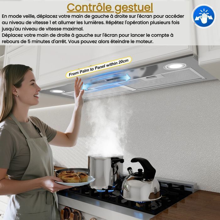 Hotte Aspirante-72cm Encastrable hotte-400 m³/h-3 Vitesses & Fonction Booster A++,avec filtre à charbon - Gestuelle - Tactile – Image 5