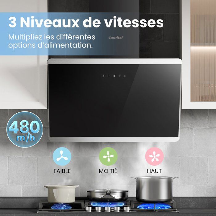 Hotte Aspirante Inclinée 60cm Comfee - 480m³/h - Classe A++ - Commandes Sensitive - 3 Vitesses - 2 Filtres à Charbon -Verre Noir – Image 2