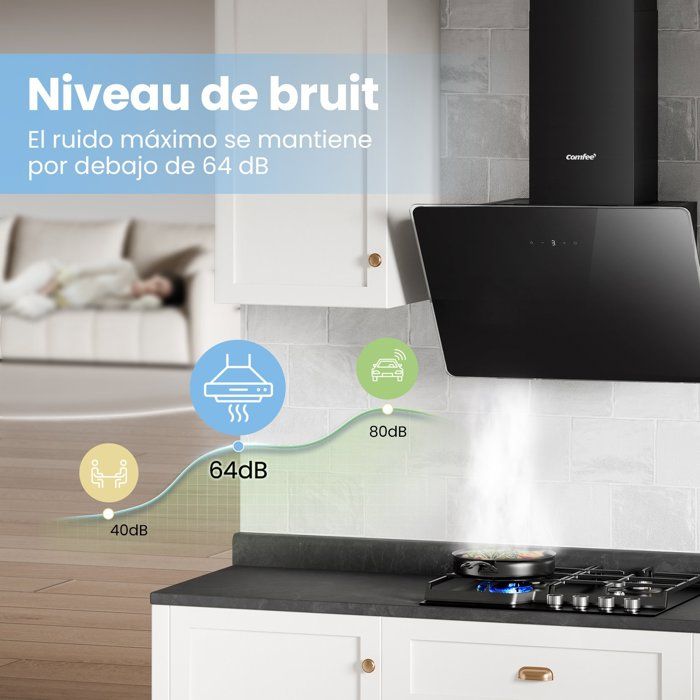Hotte Aspirante Inclinée 60cm Comfee - 400m³/h - Commandes Sensitives - 3 Vitesses - 2 Filtres à Charbon - Verre Noir – Image 5