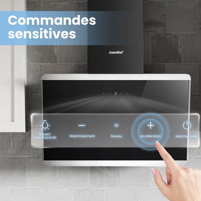 Hotte Aspirante Inclinée 60cm Comfee - 480m³/h - Classe A++ - Commandes Sensitive - 3 Vitesses - 2 Filtres à Charbon -Verre Noir – Image 4