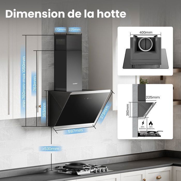 Hotte Aspirante Inclinée 60cm Comfee - 480m³/h - Classe A++ - Commandes Sensitive - 3 Vitesses - 2 Filtres à Charbon -Verre Noir – Image 6