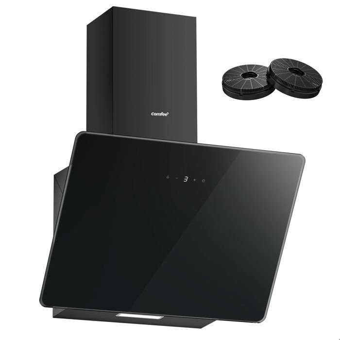 Hotte Aspirante Inclinée 60cm Comfee - 400m³/h - Commandes Sensitives - 3 Vitesses - 2 Filtres à Charbon - Verre Noir