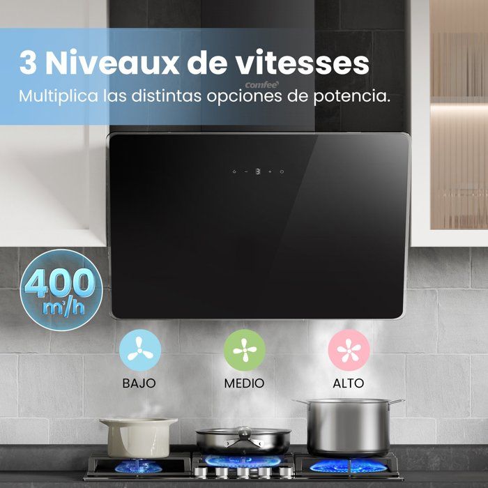 Hotte Aspirante Inclinée 60cm Comfee - 400m³/h - Commandes Sensitives - 3 Vitesses - 2 Filtres à Charbon - Verre Noir – Image 2