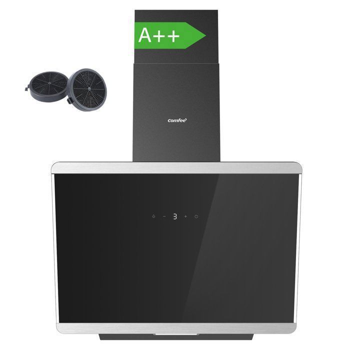 Hotte Aspirante Inclinée 60cm Comfee - 480m³/h - Classe A++ - Commandes Sensitive - 3 Vitesses - 2 Filtres à Charbon -Verre Noir