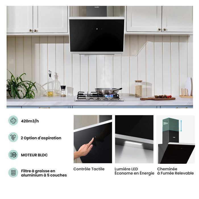 Hotte Aspirante Inclinée Comfee 60cm 420m³/h, Classe A+, BLDC Moteur, 3 Vitesses, 2 Filtres à Charbon, Evacuation & Recyclage, – Image 2
