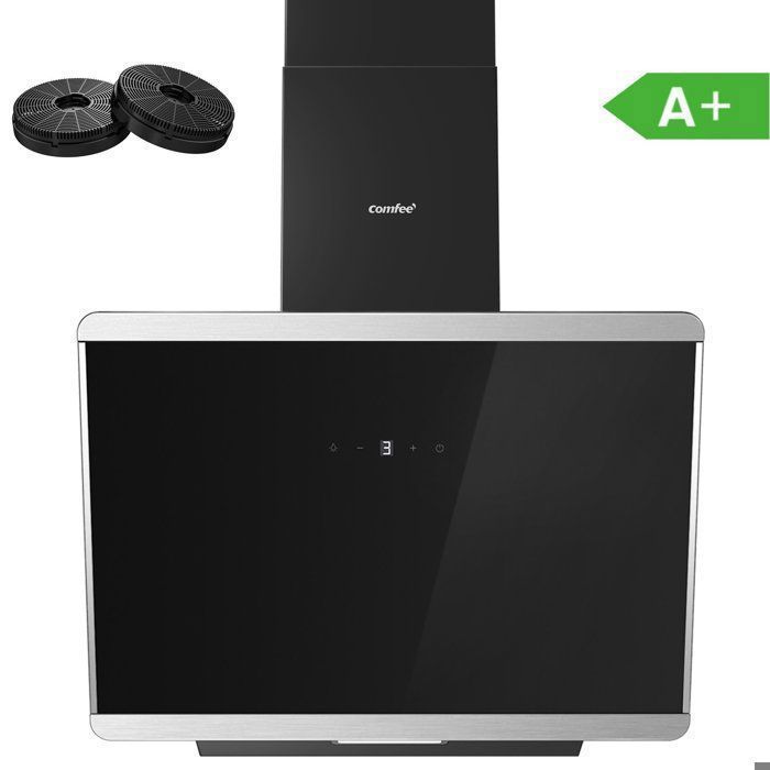 Hotte Aspirante Inclinée Comfee 60cm 420m³/h, Classe A+, BLDC Moteur, 3 Vitesses, 2 Filtres à Charbon, Evacuation & Recyclage,
