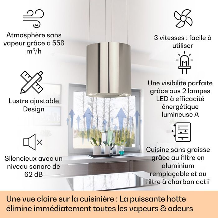 Hotte aspirante - Klarstein - hotte ilot 35 cm avec evacuation exterieure - 558m³/h 3 vitesses - hotte ilot central cuisine - blanc – Image 5