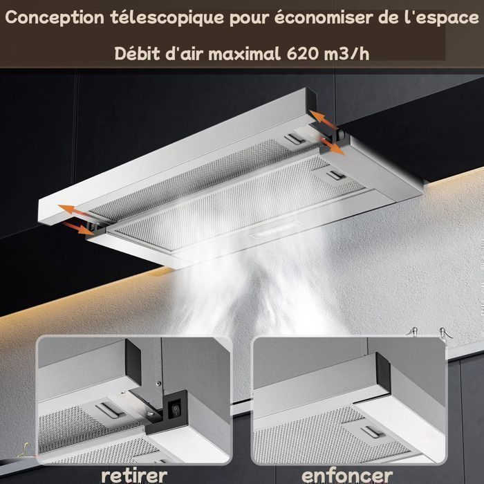 Hotte Aspirante 60cm-hotte -recirculation et évacuation - avec filtre à charbon - 2 vitesses - 620 m³/h - Encastrable- efficacité A – Image 2