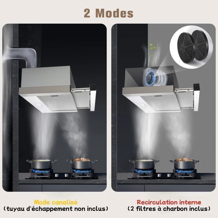 Hotte Aspirante 60cm-hotte -recirculation et évacuation - avec filtre à charbon - 2 vitesses - 620 m³/h - Encastrable- efficacité A – Image 5