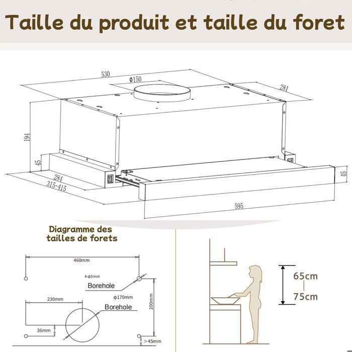 Hotte Aspirante 60cm-hotte -recirculation et évacuation - avec filtre à charbon - 2 vitesses - 620 m³/h - Encastrable- efficacité A – Image 6