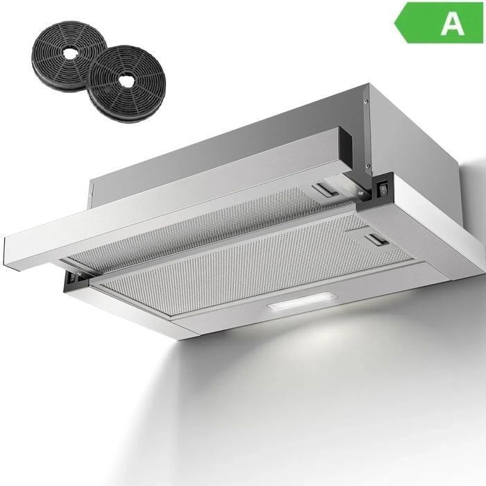 Hotte Aspirante 60cm-hotte -recirculation et évacuation - avec filtre à charbon - 2 vitesses - 620 m³/h - Encastrable- efficacité A