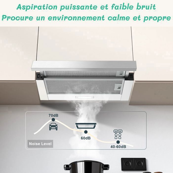 Hotte aspirante télescopique - Classe A+++ - 60 cm - 400 m³/h - 2 vitesses - Éclairage LED- avec Filtre charbon- hotte – Image 3