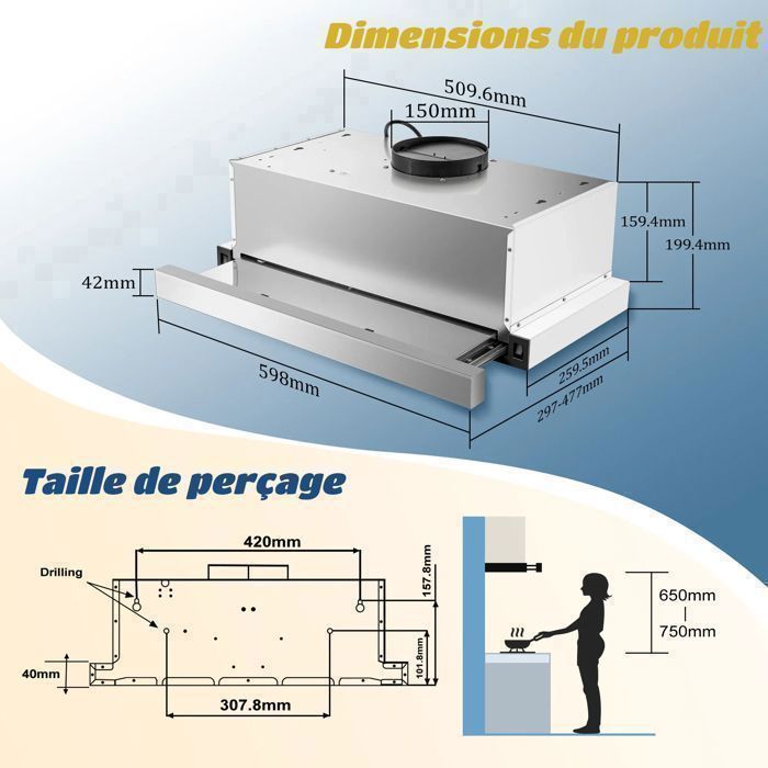Hotte aspirante télescopique - Classe A+++ - 60 cm - 400 m³/h - 2 vitesses - Éclairage LED- avec Filtre charbon- hotte – Image 6