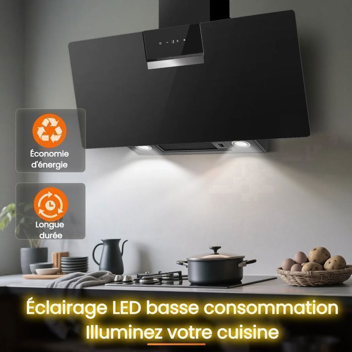Hotte Aspirante 60cm - Hotte de Cuisine Incliné - 800 m³/h - 2 Filtres à Charbon - Recyclage & Evacuation - Noir – Image 3