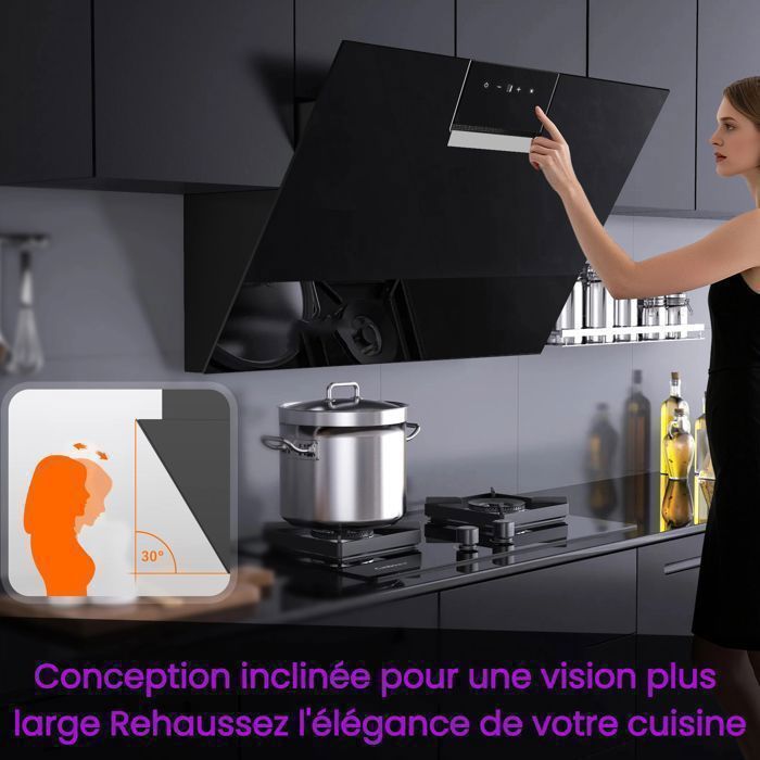 Hotte Aspirante 60cm - Hotte de Cuisine Incliné - 800 m³/h - 2 Filtres à Charbon - Recyclage & Evacuation - Noir – Image 5