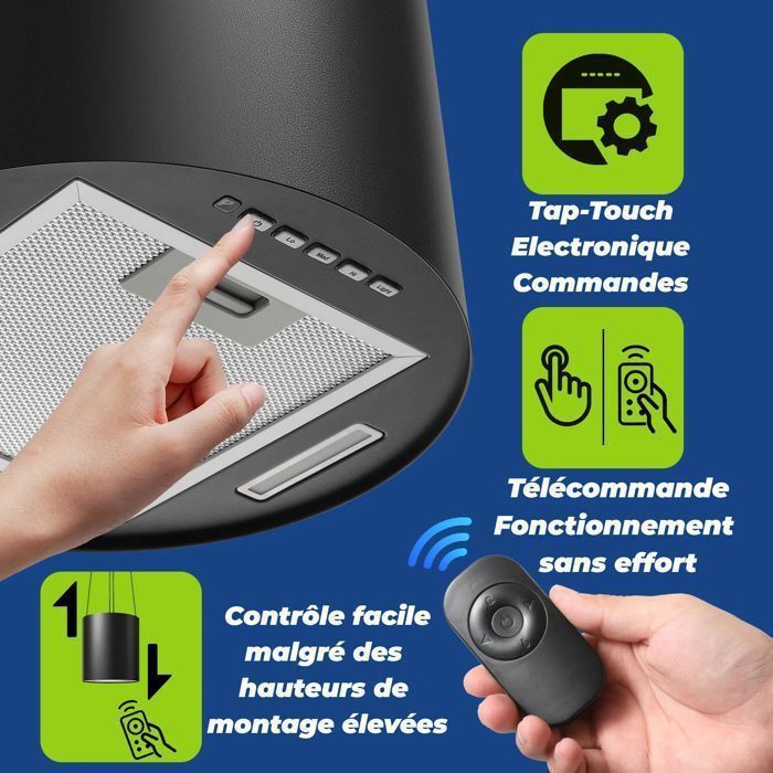 Hotte îlot Centrale 700 m ³/ h 35 cm - Hotte Aspirante 3 Vitesses - Hotte Suspendue Recyclage -Noir-Classe énergétique A+ – Image 2