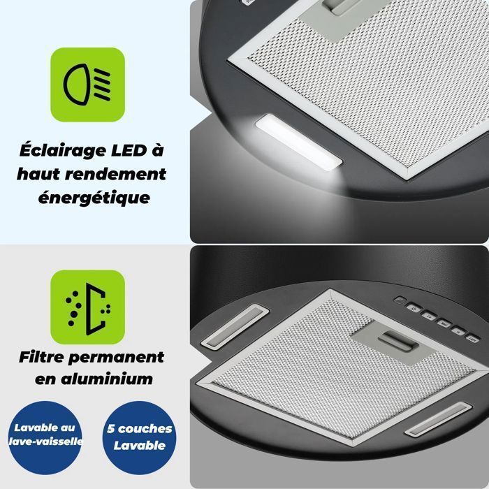 Hotte îlot Centrale 700 m ³/ h 35 cm - Hotte Aspirante 3 Vitesses - Hotte Suspendue Recyclage -Noir-Classe énergétique A+ – Image 5